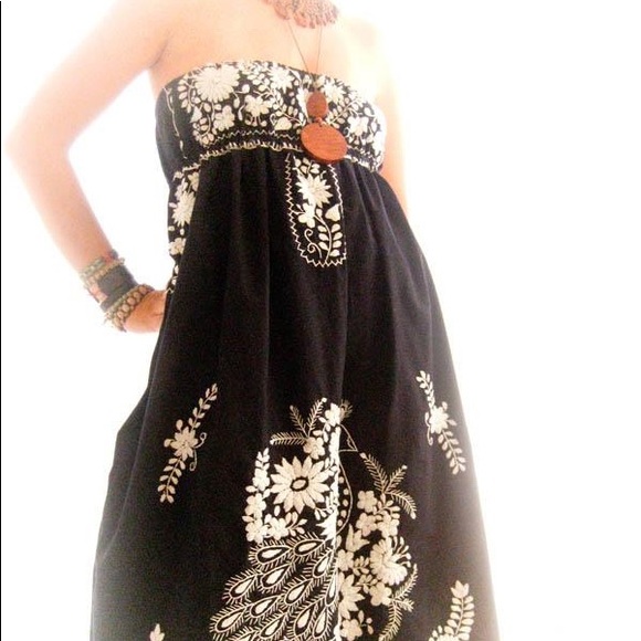 Mexican Embroidered Dress strapless boho chic maxi